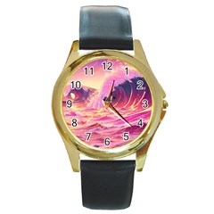 Waves Ocean Sea Tsunami Nautical 5 Round Gold Metal Watch by Jancukart