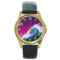 Tsunami Waves Ocean Sea Nautical Nature Water Unique Round Gold Metal Watch by Jancukart