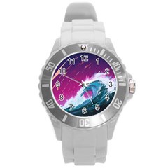 Tsunami Waves Ocean Sea Nautical Nature Water Unique Round Plastic Sport Watch (l) by Jancukart