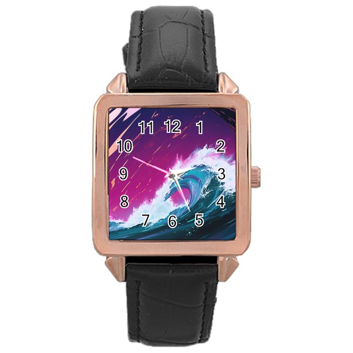 Tsunami Waves Ocean Sea Nautical Nature Water Unique Rose Gold Leather Watch 