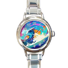 Tsunami Waves Ocean Sea Nautical Nature Water Art Round Italian Charm Watch by Jancukart