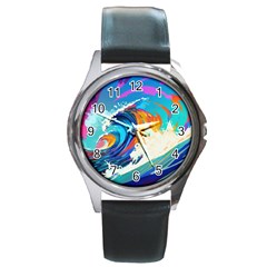 Tsunami Waves Ocean Sea Nautical Nature Water Art Round Metal Watch