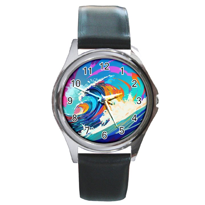 Tsunami Waves Ocean Sea Nautical Nature Water Art Round Metal Watch