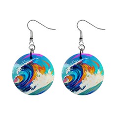 Tsunami Waves Ocean Sea Nautical Nature Water Art Mini Button Earrings