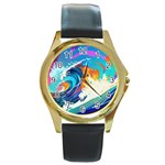 Tsunami Waves Ocean Sea Nautical Nature Water Art Round Gold Metal Watch Front