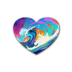 Tsunami Waves Ocean Sea Nautical Nature Water Art Rubber Coaster (heart) by Jancukart