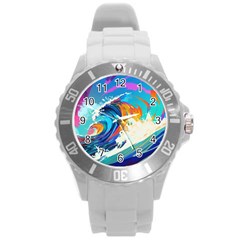 Tsunami Waves Ocean Sea Nautical Nature Water Art Round Plastic Sport Watch (l) by Jancukart