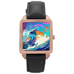 Tsunami Waves Ocean Sea Nautical Nature Water Art Rose Gold Leather Watch  by Jancukart