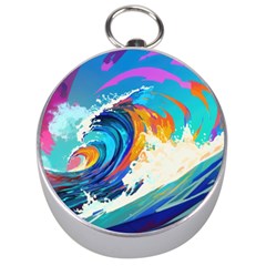 Tsunami Waves Ocean Sea Nautical Nature Water Art Silver Compasses by Jancukart