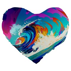 Tsunami Waves Ocean Sea Nautical Nature Water Art Large 19  Premium Flano Heart Shape Cushions