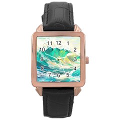 Waves Ocean Sea Tsunami Nautical 90 Rose Gold Leather Watch  by Jancukart