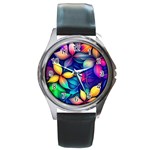 Ai Generated Artwork Leaves Nature Pattern Round Metal Watch Front