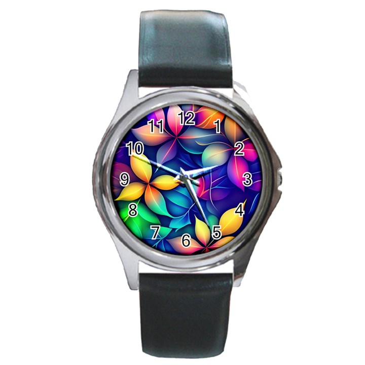 Ai Generated Artwork Leaves Nature Pattern Round Metal Watch