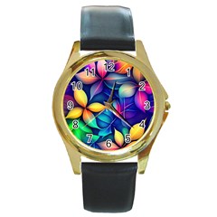 Ai Generated Artwork Leaves Nature Pattern Round Gold Metal Watch