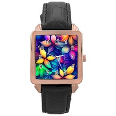 Ai Generated Artwork Leaves Nature Pattern Rose Gold Leather Watch 