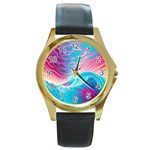 Tsunami Waves Ocean Sea Nautical Nature Water 6 Round Gold Metal Watch Front