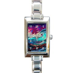 Tsunami Waves Ocean Sea Nautical Nature Water Painting Rectangle Italian Charm Watch