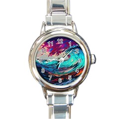 Tsunami Waves Ocean Sea Nautical Nature Water Painting Round Italian Charm Watch by Jancukart