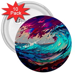 Tsunami Waves Ocean Sea Nautical Nature Water Painting 3  Buttons (10 Pack)  by Jancukart