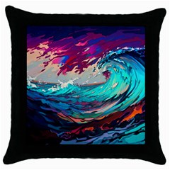 Tsunami Waves Ocean Sea Nautical Nature Water Painting Throw Pillow Case (black) by Jancukart