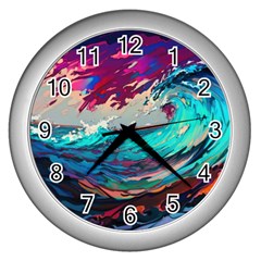 Tsunami Waves Ocean Sea Nautical Nature Water Painting Wall Clock (silver)