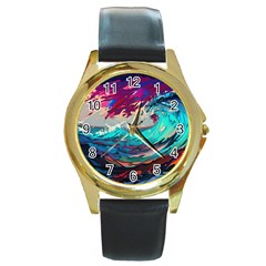 Tsunami Waves Ocean Sea Nautical Nature Water Painting Round Gold Metal Watch by Jancukart