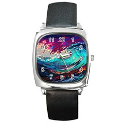 Tsunami Waves Ocean Sea Nautical Nature Water Painting Square Metal Watch by Jancukart