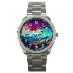 Tsunami Waves Ocean Sea Nautical Nature Water Painting Sport Metal Watch by Jancukart