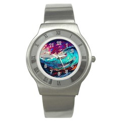 Tsunami Waves Ocean Sea Nautical Nature Water Painting Stainless Steel Watch by Jancukart