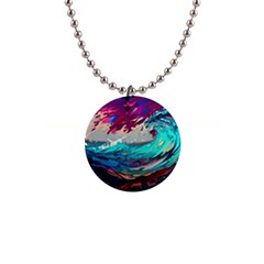 Tsunami Waves Ocean Sea Nautical Nature Water Painting 1  Button Necklace by Jancukart