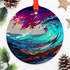 Tsunami Waves Ocean Sea Nautical Nature Water Painting Round Ornament (two Sides) by Jancukart