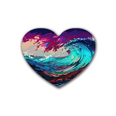 Tsunami Waves Ocean Sea Nautical Nature Water Painting Rubber Coaster (heart) by Jancukart