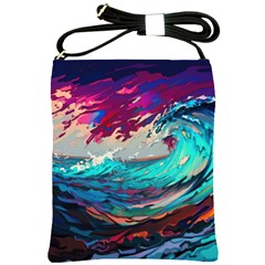 Tsunami Waves Ocean Sea Nautical Nature Water Painting Shoulder Sling Bag by Jancukart