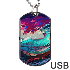 Tsunami Waves Ocean Sea Nautical Nature Water Painting Dog Tag Usb Flash (two Sides) by Jancukart