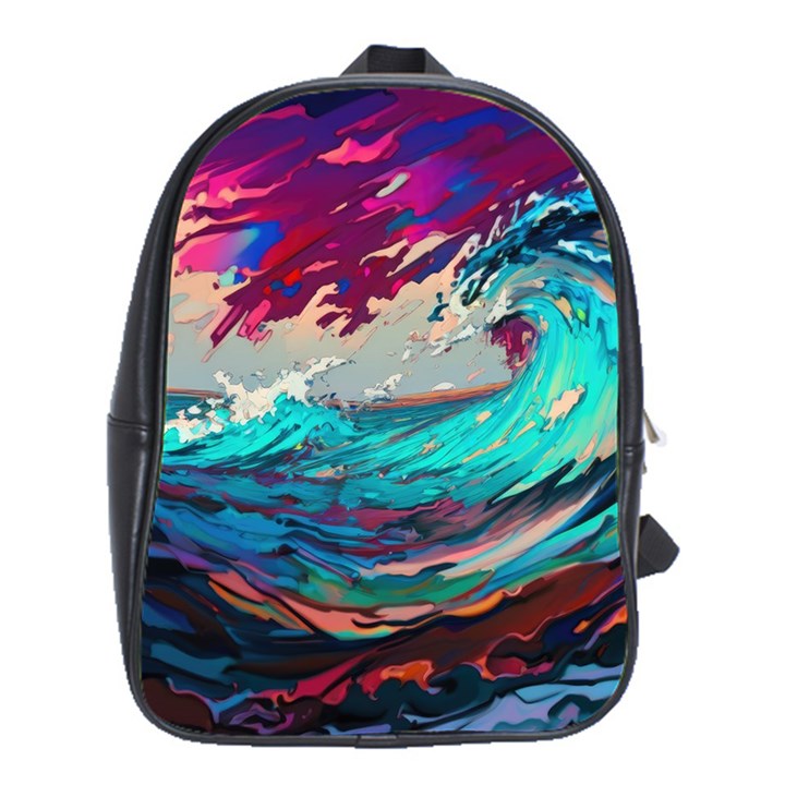 Tsunami Waves Ocean Sea Nautical Nature Water Painting School Bag (XL)