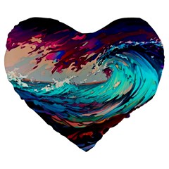 Tsunami Waves Ocean Sea Nautical Nature Water Painting Large 19  Premium Flano Heart Shape Cushions by Jancukart