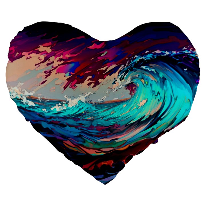 Tsunami Waves Ocean Sea Nautical Nature Water Painting Large 19  Premium Flano Heart Shape Cushions