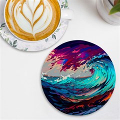 Tsunami Waves Ocean Sea Nautical Nature Water Painting Uv Print Round Tile Coaster by Jancukart