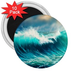 Waves Ocean Sea Tsunami Nautical Blue 3  Magnets (10 Pack) 