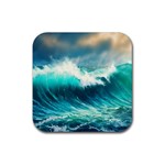 Waves Ocean Sea Tsunami Nautical Blue Rubber Coaster (Square) Front