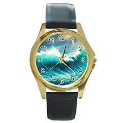 Waves Ocean Sea Tsunami Nautical Blue Round Gold Metal Watch by Jancukart