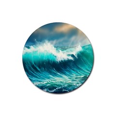 Waves Ocean Sea Tsunami Nautical Blue Rubber Coaster (round)