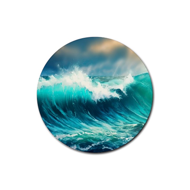 Waves Ocean Sea Tsunami Nautical Blue Rubber Coaster (Round)