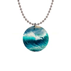 Waves Ocean Sea Tsunami Nautical Blue 1  Button Necklace by Jancukart