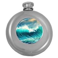 Waves Ocean Sea Tsunami Nautical Blue Round Hip Flask (5 Oz) by Jancukart