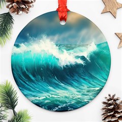 Waves Ocean Sea Tsunami Nautical Blue Round Ornament (two Sides)