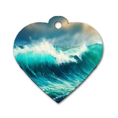 Waves Ocean Sea Tsunami Nautical Blue Dog Tag Heart (two Sides)