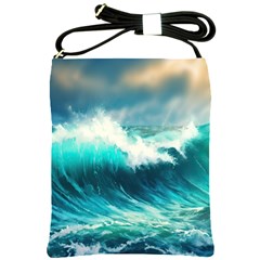 Waves Ocean Sea Tsunami Nautical Blue Shoulder Sling Bag by Jancukart