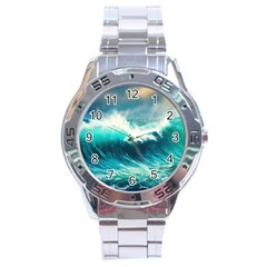 Waves Ocean Sea Tsunami Nautical Blue Stainless Steel Analogue Watch by Jancukart