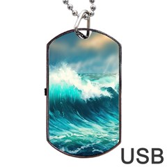 Waves Ocean Sea Tsunami Nautical Blue Dog Tag Usb Flash (two Sides) by Jancukart